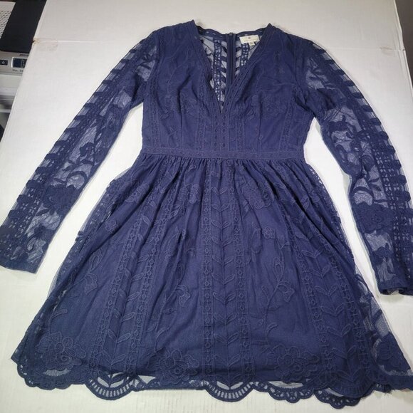 Socialite Navy Blue Formal Lace Long Sleeve Fit & Flare Dress Size S - Picture 1 of 11